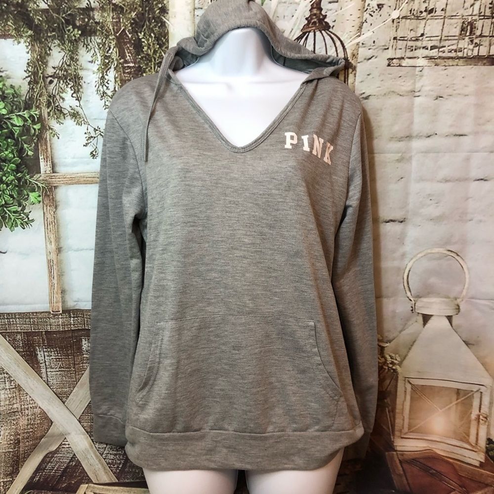 Womens Light gray V-neck long sleeve hooded pullover kangaroo pocket hoodie